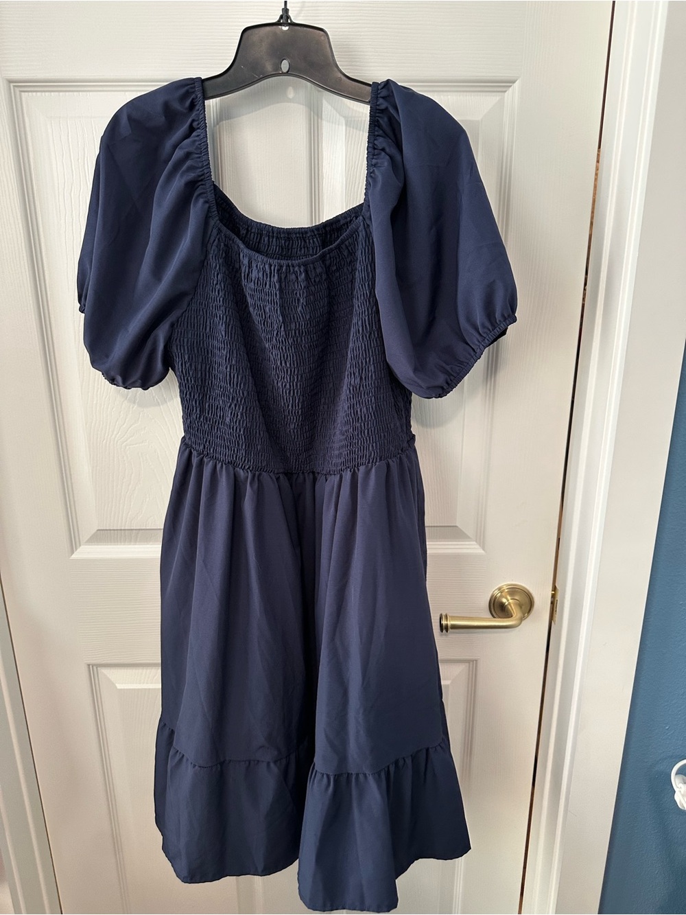 Navy Puff-Sleeve Smocked Dress